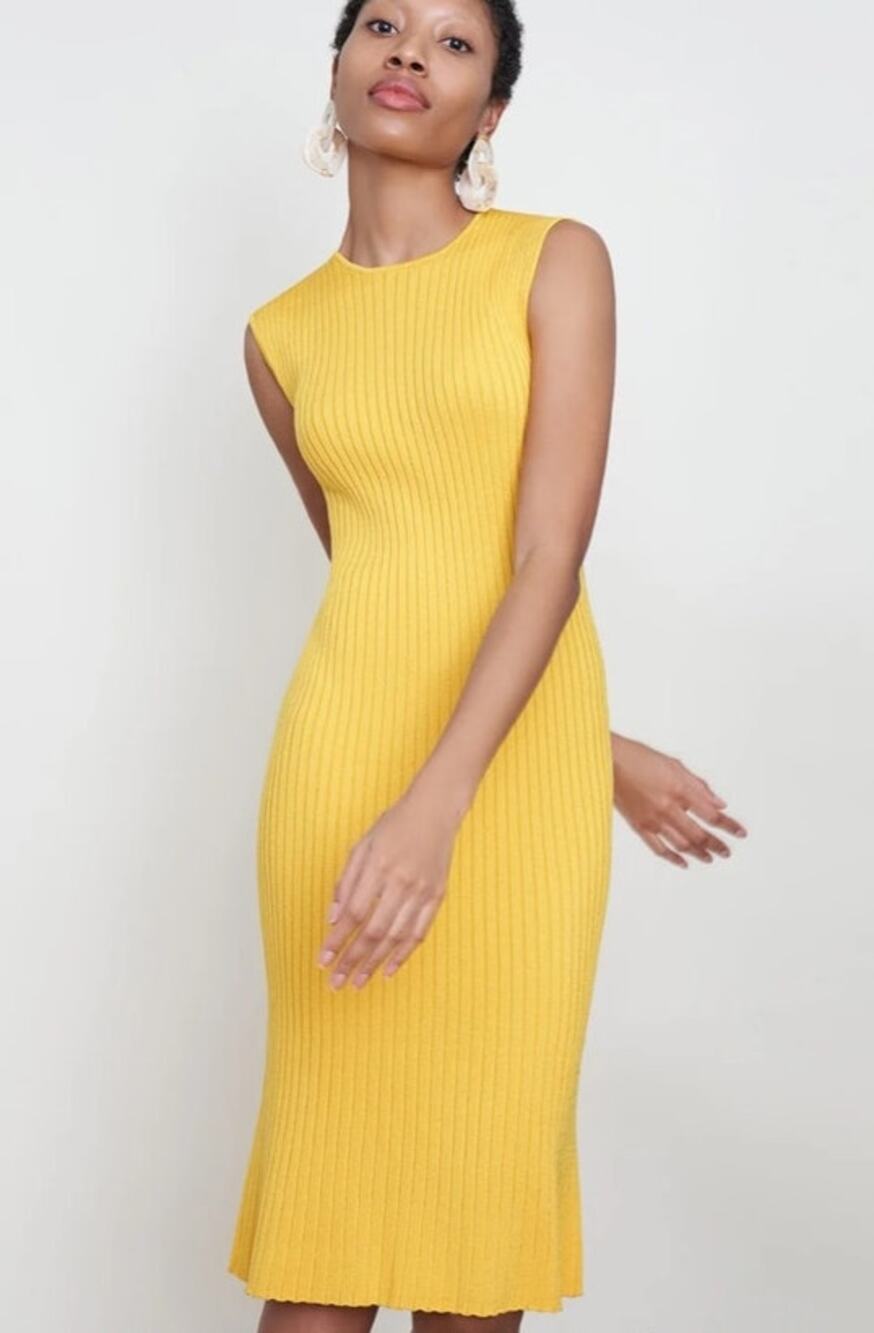 MM.LaFleur Dylan Dress Large Tuscan Yellow Slinky Rib Knit Maxi Midi Career
